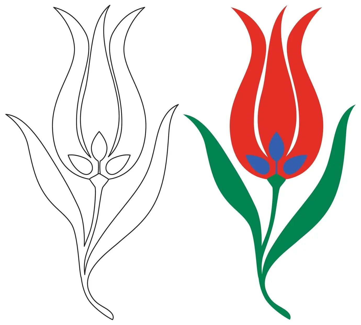 Traditionelles türkisches Tulpenmotiv als Linienzeichnung mit flächiger Farbgebung.